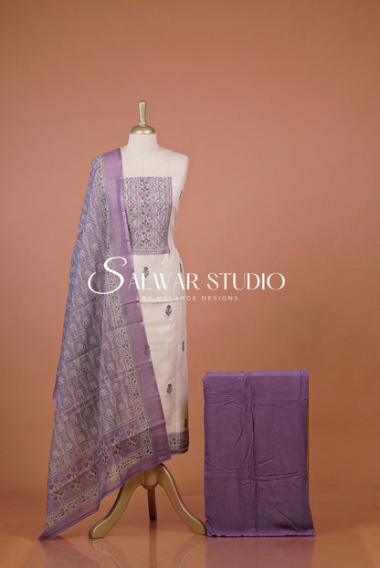 Linen Embroidery Unstitched Salwar Suit Dress Material Off White With Lavender Purple AC0304