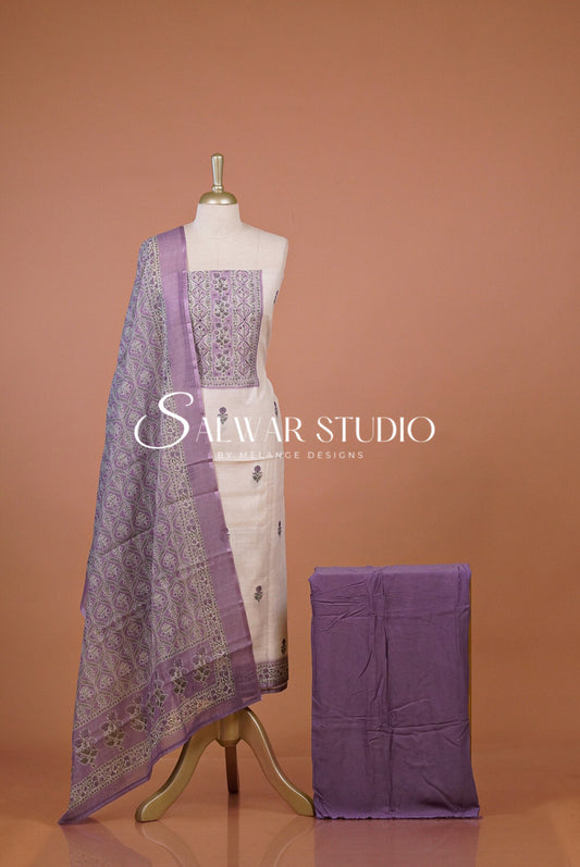Linen Embroidery Unstitched Salwar Suit Dress Material Off White With Lavender Purple AC0304