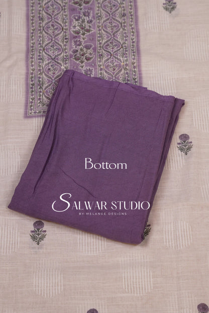Linen Embroidery Unstitched Salwar Suit Dress Material Off White With Lavender Purple AC0304