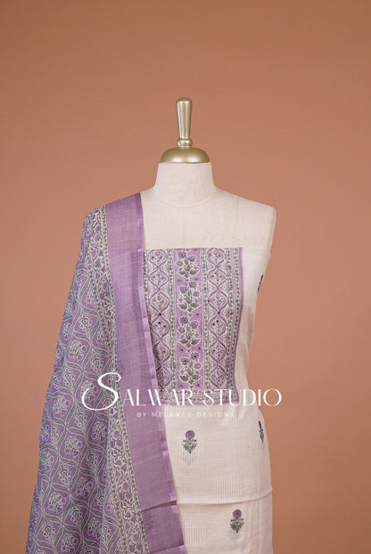 Linen Embroidery Unstitched Salwar Suit Dress Material Off White With Lavender Purple AC0304