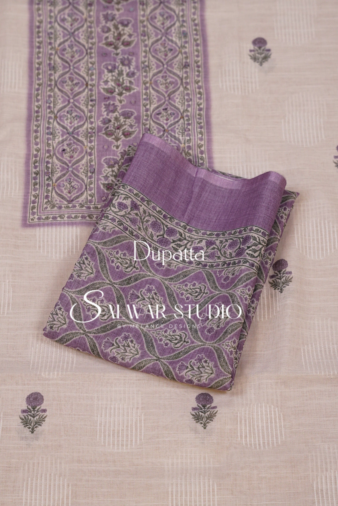 Linen Embroidery Unstitched Salwar Suit Dress Material Off White With Lavender Purple AC0304