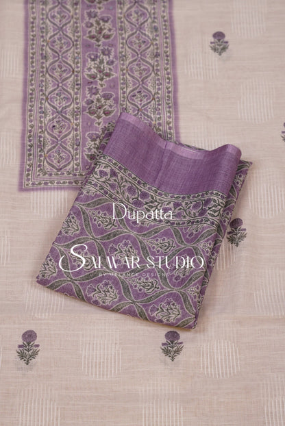 Linen Embroidery Unstitched Salwar Suit Dress Material Off White With Lavender Purple AC0304