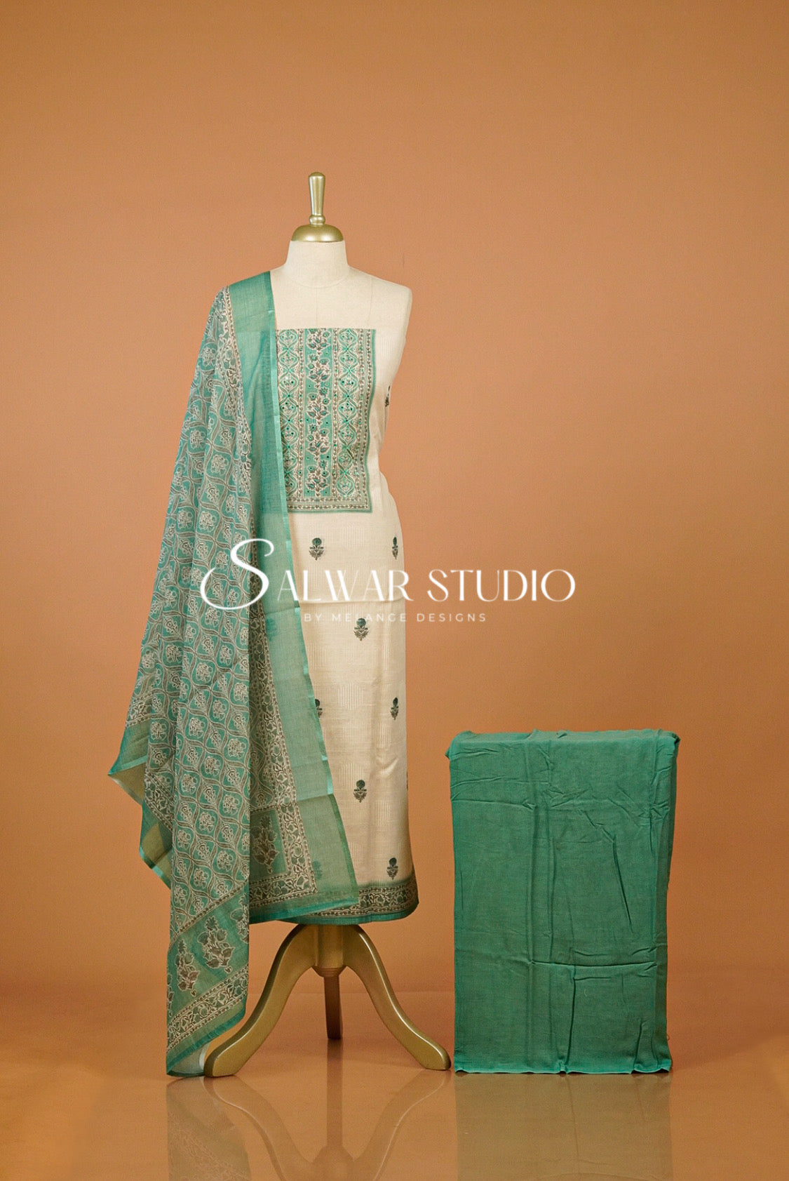 Linen Embroidery Unstitched Salwar Suit Dress Material Off White With Pastel Aquamarine AC0305