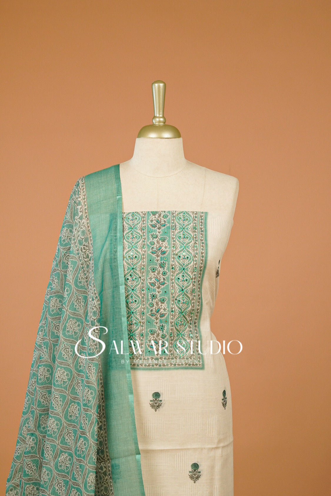 Linen Embroidery Unstitched Salwar Suit Dress Material Off White With Pastel Aquamarine AC0305