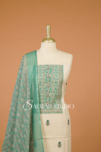 Linen Embroidery Unstitched Salwar Suit Dress Material Off White With Pastel Aquamarine AC0305