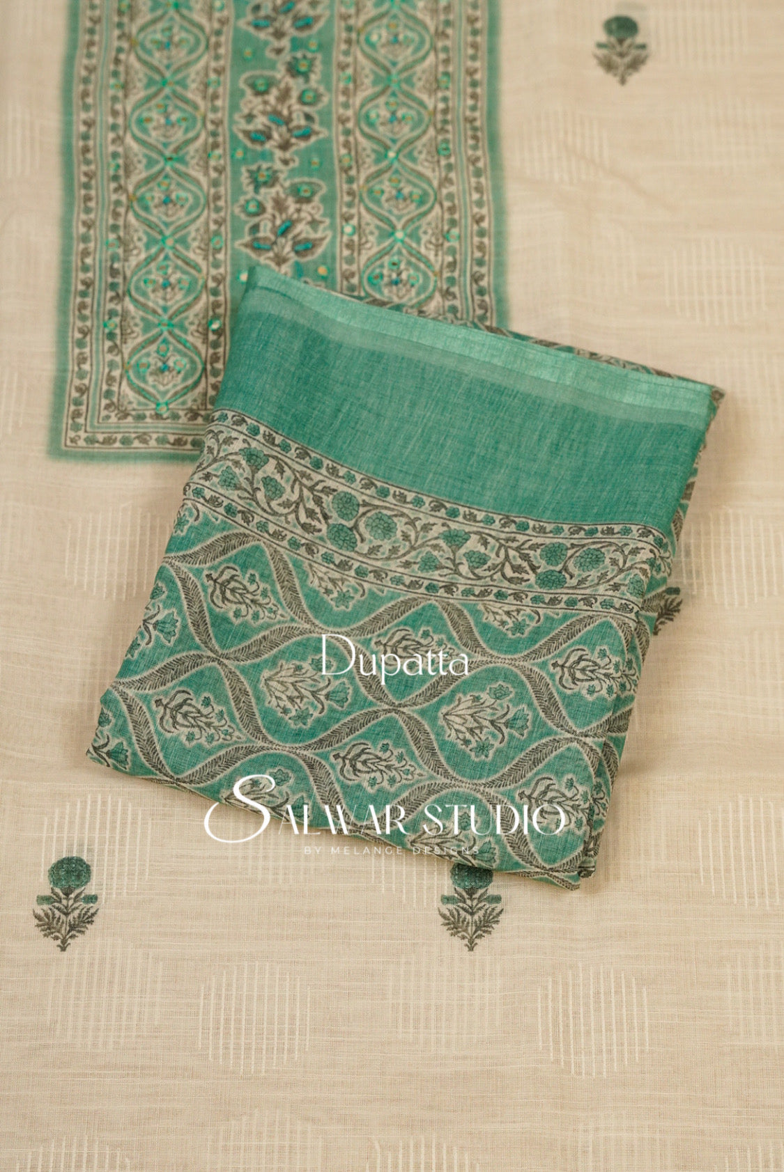 Linen Embroidery Unstitched Salwar Suit Dress Material Off White With Pastel Aquamarine AC0305