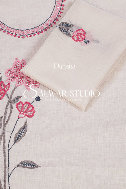 A folded cream dupatta with pink floral embroidery and gray leaf details. 