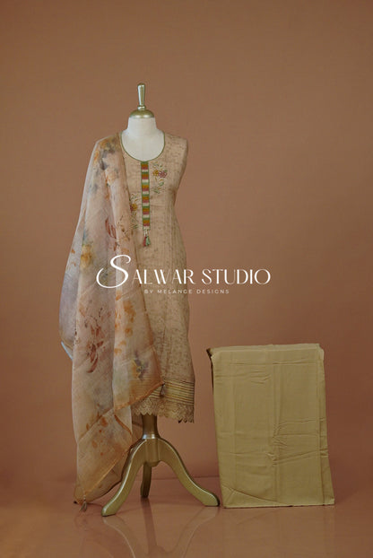 Linen Embroidery Semi Stitched Salwar Suit Dress Material Chikku AC0266