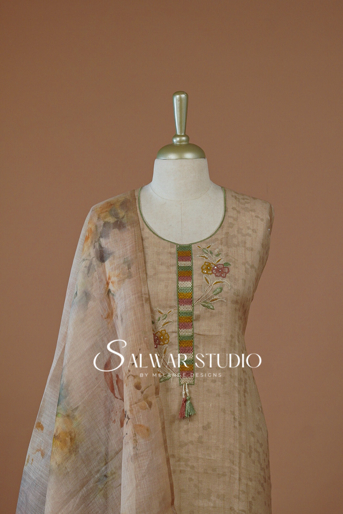 Linen Embroidery Semi Stitched Salwar Suit Dress Material Chikku AC0266