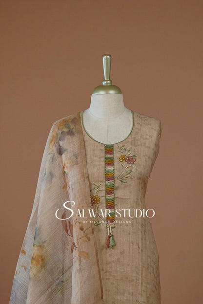Linen Embroidery Semi Stitched Salwar Suit Dress Material Chikku AC0266