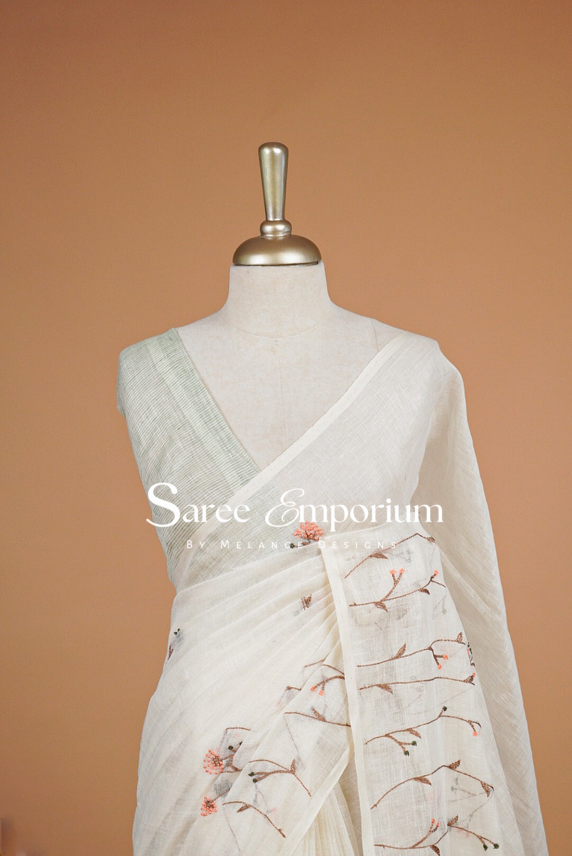 Linen Embroidery Saree For Women Off White Close Up.