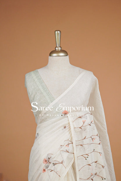 Linen Embroidery Saree For Women Off White Close Up.