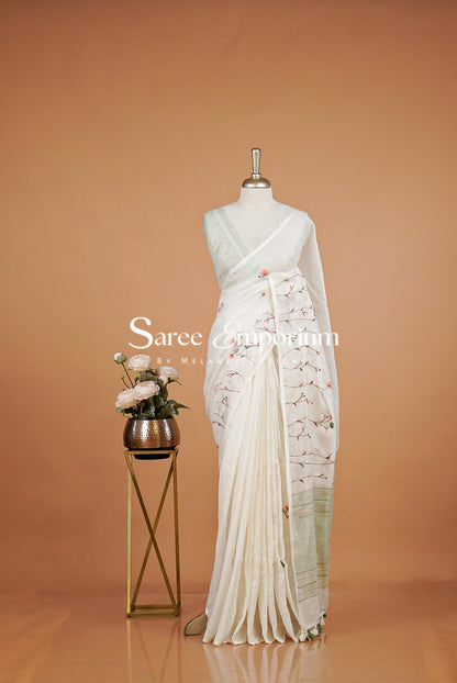 Linen Embroidery Saree For Women Off White.