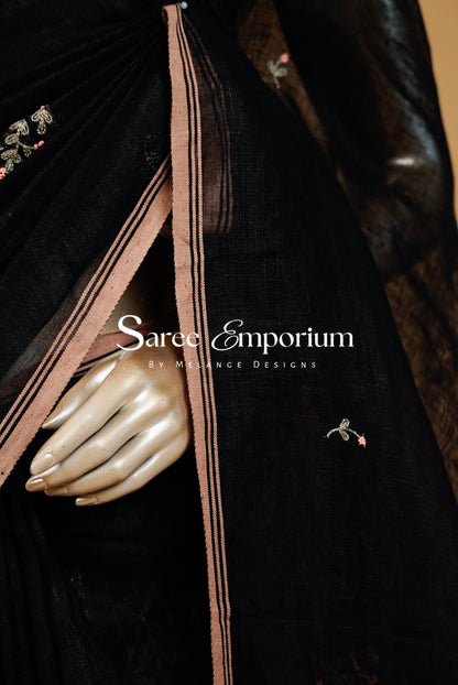 Linen Embroidery Saree For Women Black & Dusty Rose