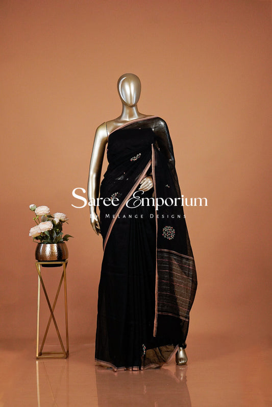 Linen Embroidery Saree For Women Black & Dusty Rose