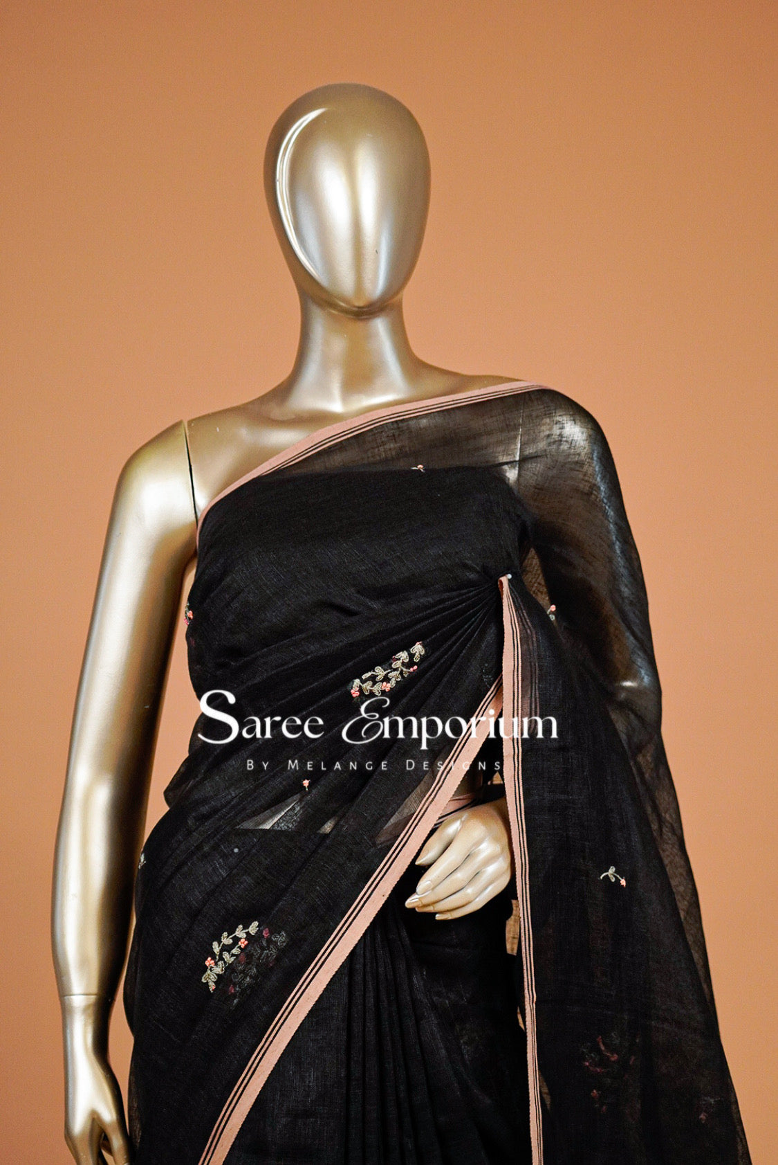 Linen Embroidery Saree For Women Black & Dusty Rose