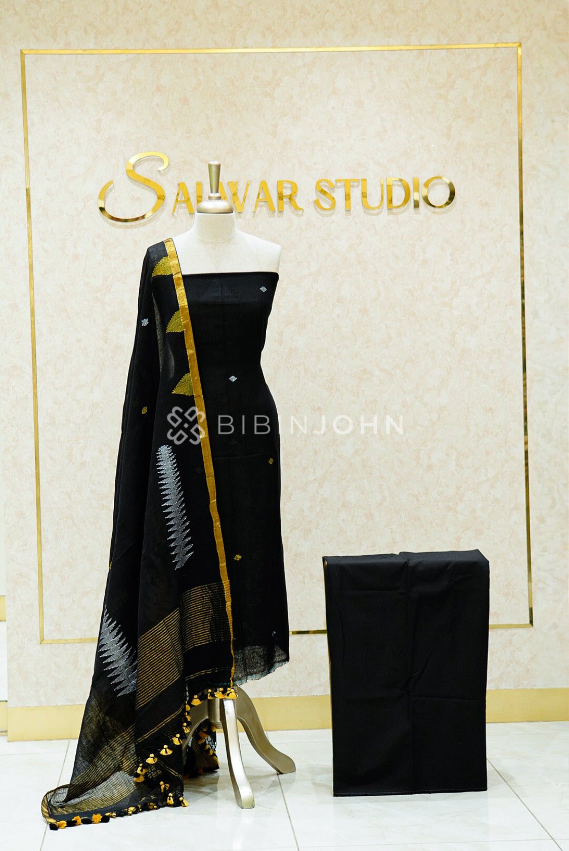 Linen Jamdani Unstitched Salwar Suit Material  Black  