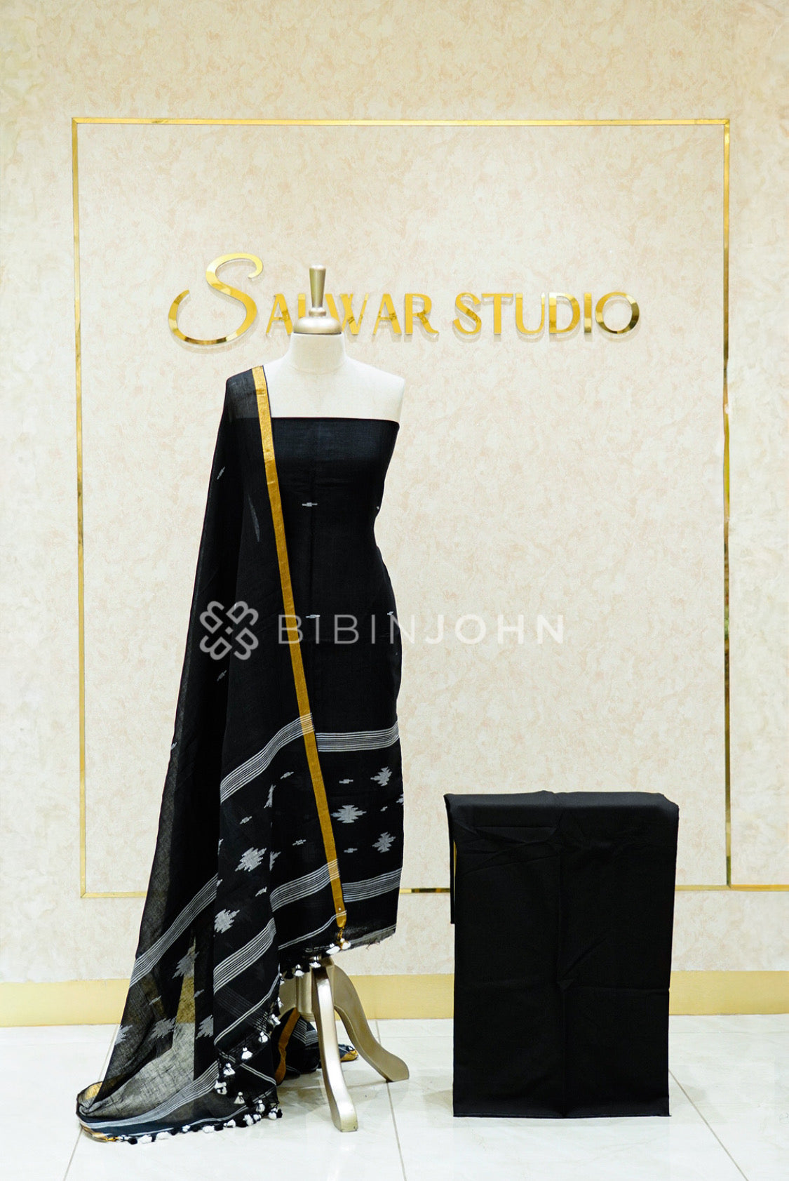 Linen Jamdani Unstitched Salwar Suit Material Black 