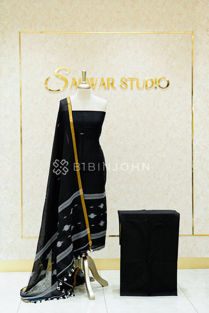 Linen Jamdani Unstitched Salwar Suit Material Black 