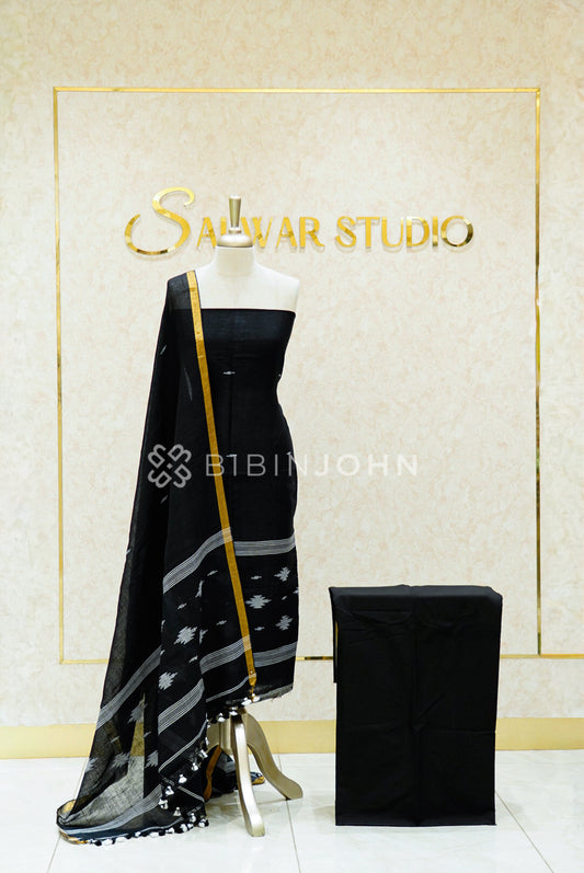 Linen Jamdani Unstitched Salwar Suit Material Black 