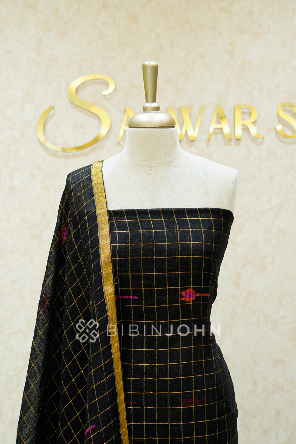 Linen Jamdani Unstitched Salwar Suit Material Black CLOSE VIEW