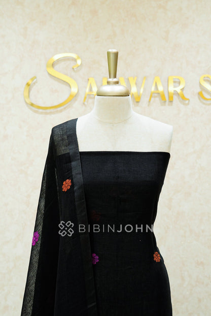 Linen Jamdani Unstitched Salwar Suit Material Black  CLOSE VIEW