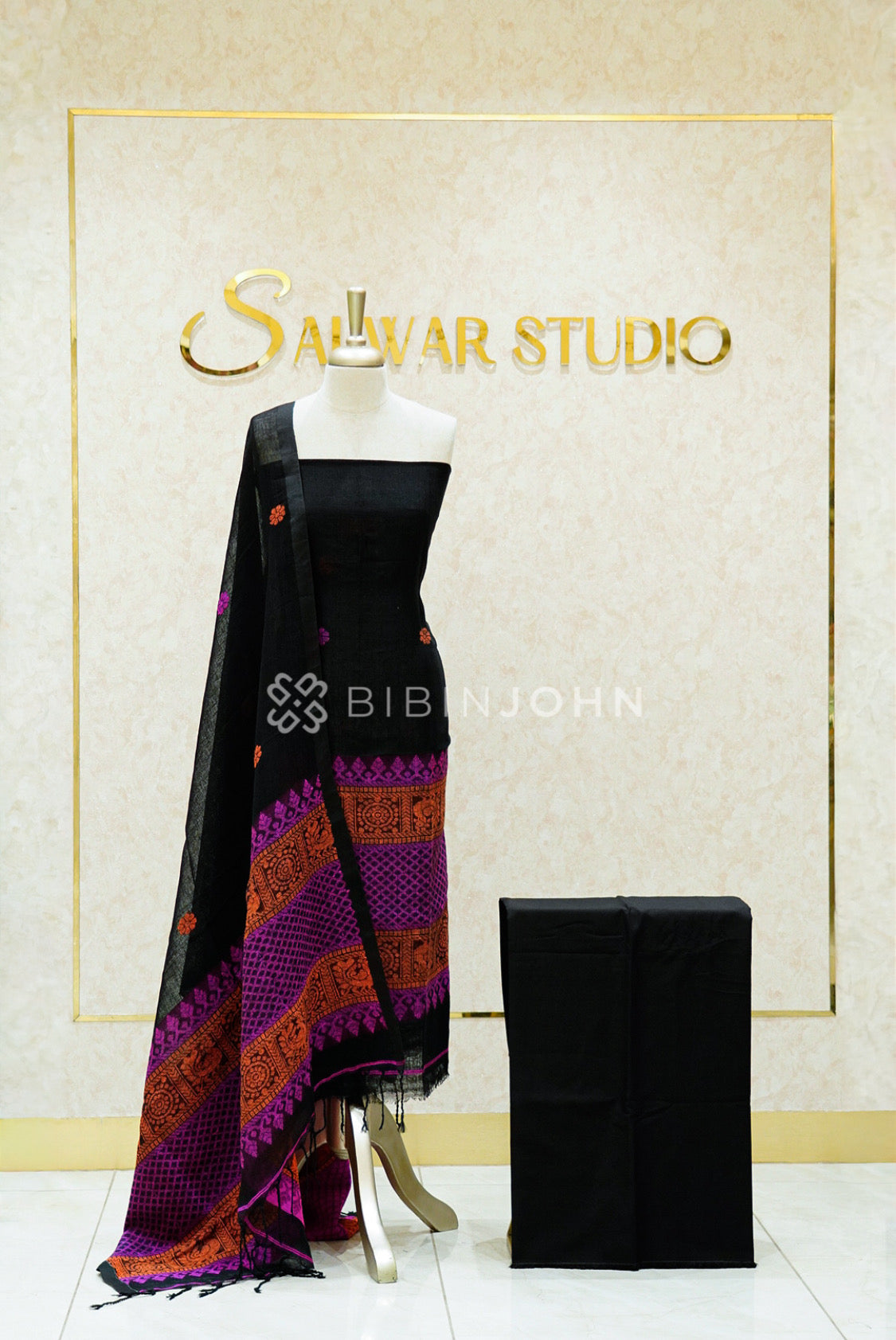Linen Jamdani Unstitched Salwar Suit Material Black  