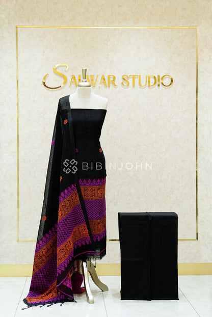Linen Jamdani Unstitched Salwar Suit Material Black  