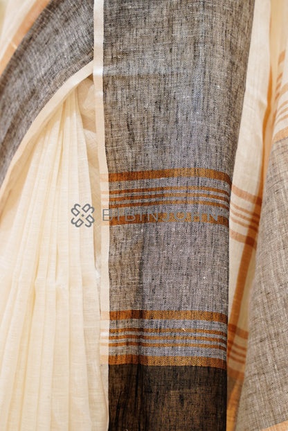 Linen Weaving Saree For Women Ivory  side view