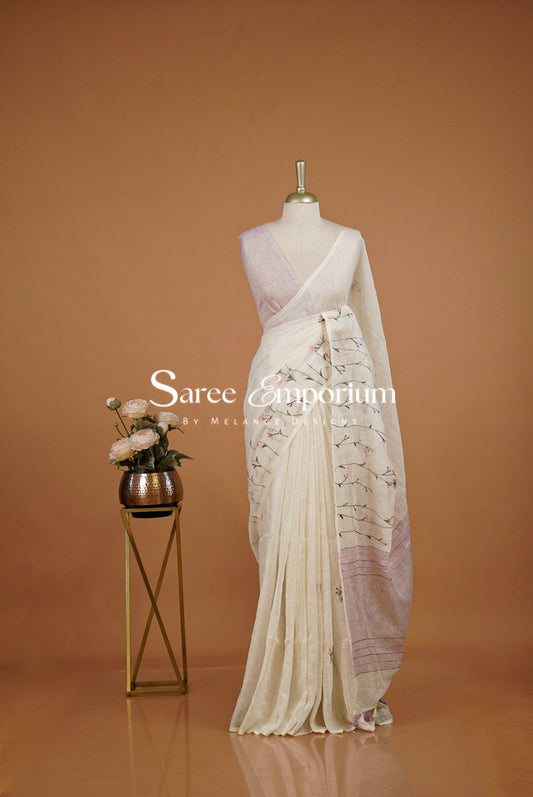Linen Embroidery Saree For Women Off White.