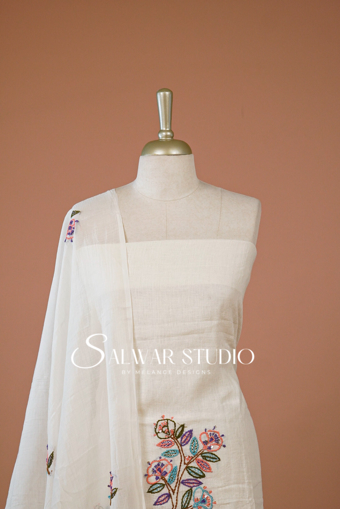 Linen Embroidery Unstitched Salwar Suit Dress Material Off White Close Up