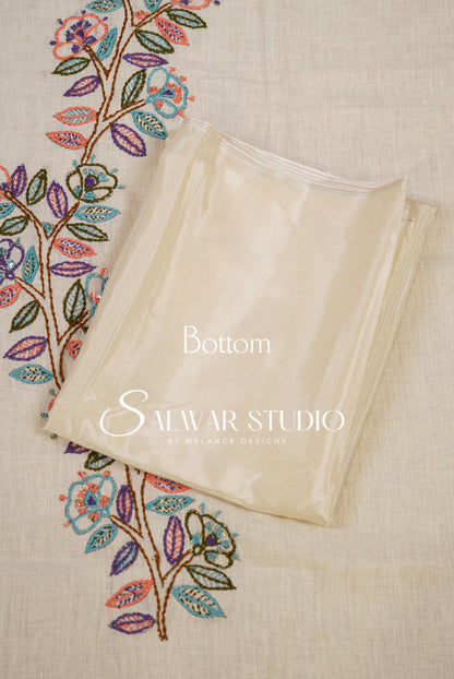 Linen Embroidery Unstitched Salwar Suit Dress Material Off White Bottom