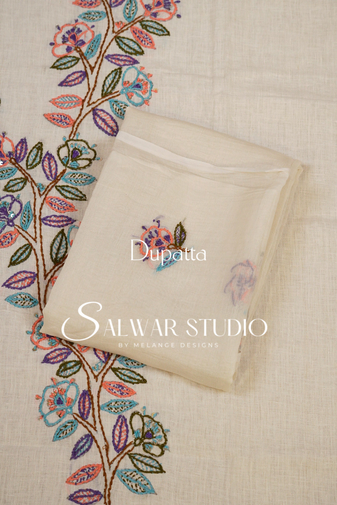 Linen Embroidery Unstitched Salwar Suit Dress Material Off White Dupatta