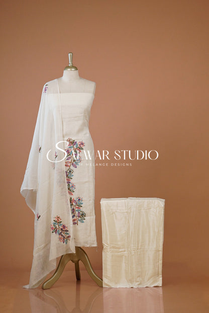 Linen Embroidery Unstitched Salwar Suit Dress Material Off White Front View
