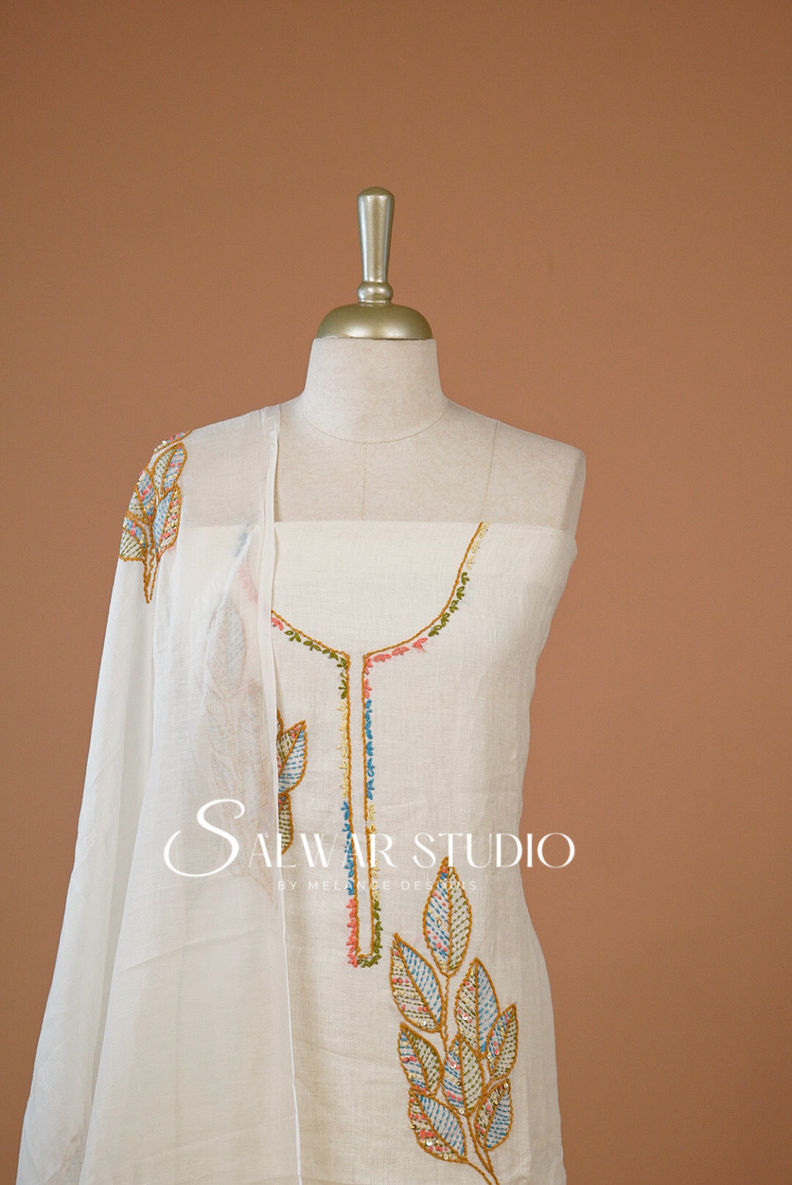 Linen Embroidery Unstitched Salwar Suit Dress Material Off White Close Up