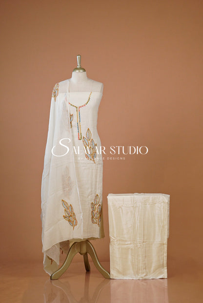 Linen Embroidery Unstitched Salwar Suit Dress Material Off White Front View