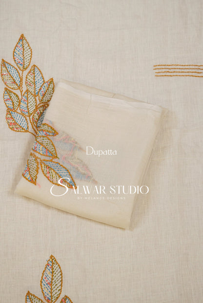 Linen Embroidery Unstitched Salwar Suit Dress Material Off White Dupatta