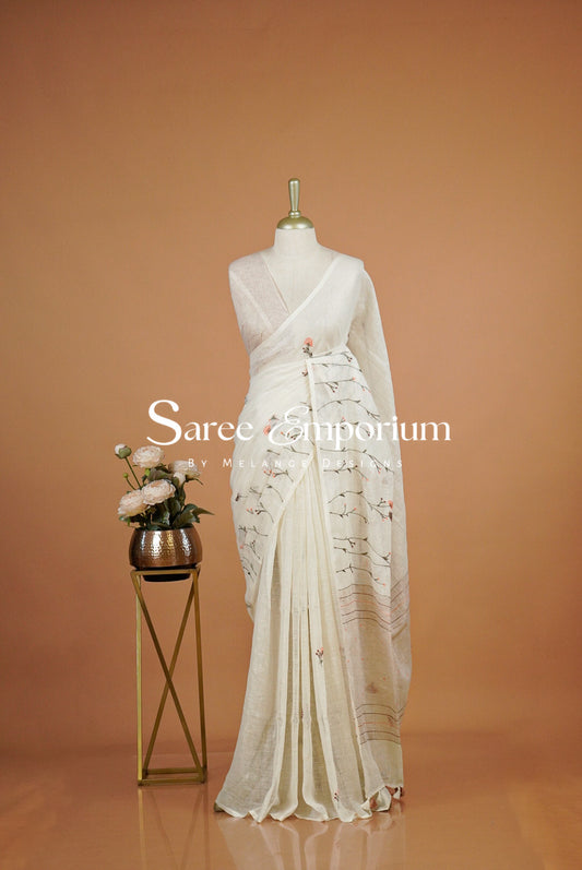 Linen Embroidery Saree For Women Off White.