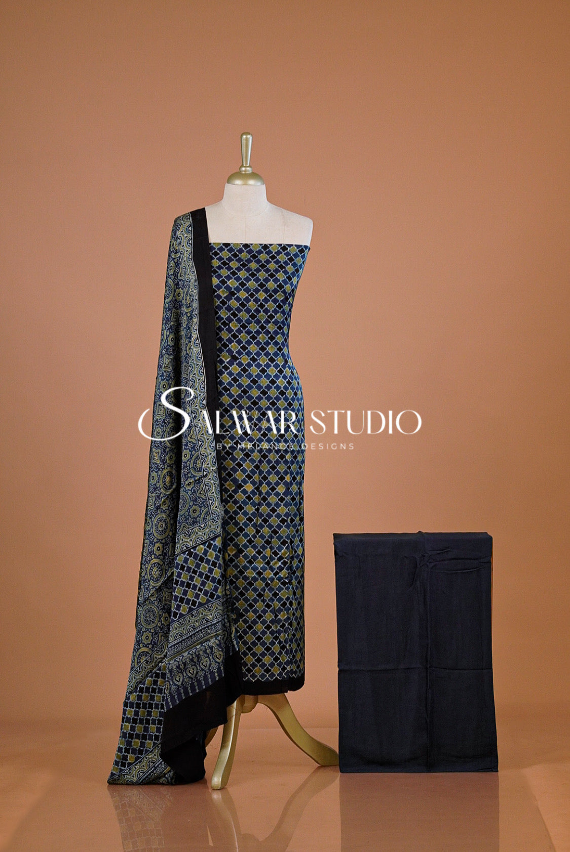 Modal Ajrakh Unstitched Salwar Suit Dress Material Navy Blue AC0244