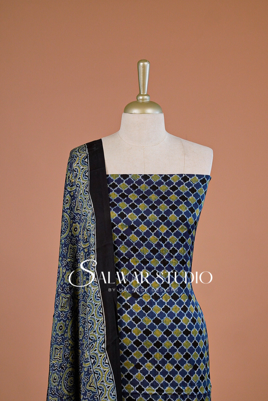 Modal Ajrakh Unstitched Salwar Suit Dress Material Navy Blue AC0244
