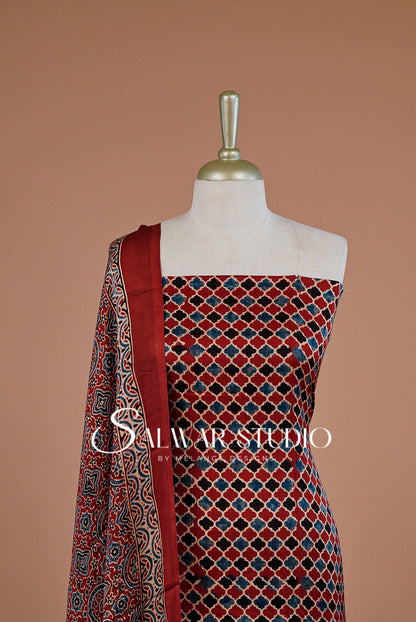 Modal Ajrakh Unstitched Salwar Suit Dress Material Red Berry AC0245