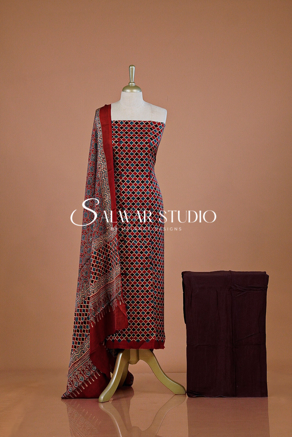 Modal Ajrakh Unstitched Salwar Suit Dress Material Red Berry AC0245