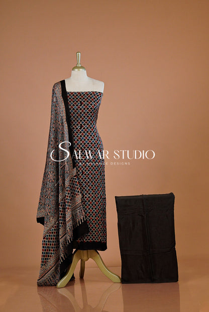 Modal Ajrakh Unstitched Salwar Suit Dress Material Black AC0246
