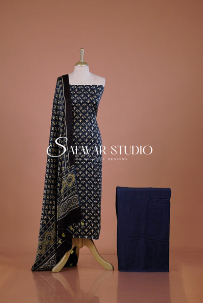 Modal Ajrakh Unstitched Salwar Suit Dress Material Navy Blue AC0249