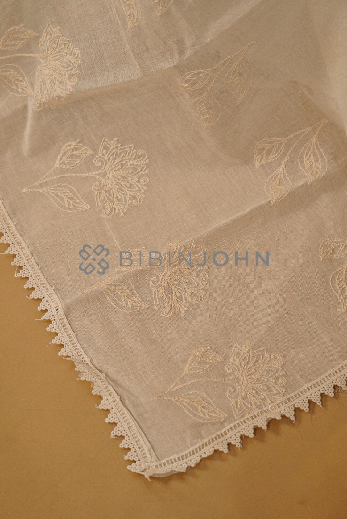 Mul Cotton Embroidery Dupatta Off White side view.