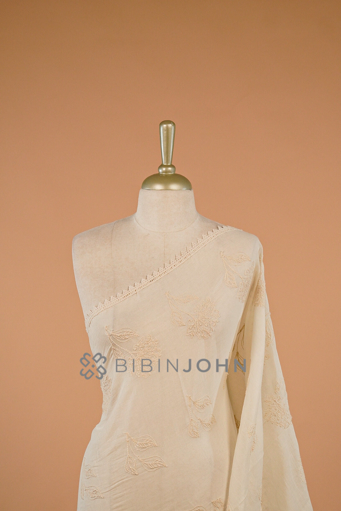 Mul Cotton Embroidery Dupatta Off White close view.