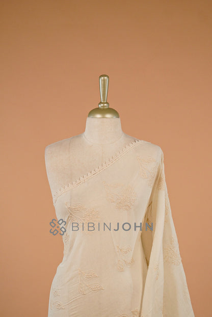 Mul Cotton Embroidery Dupatta Off White close view.