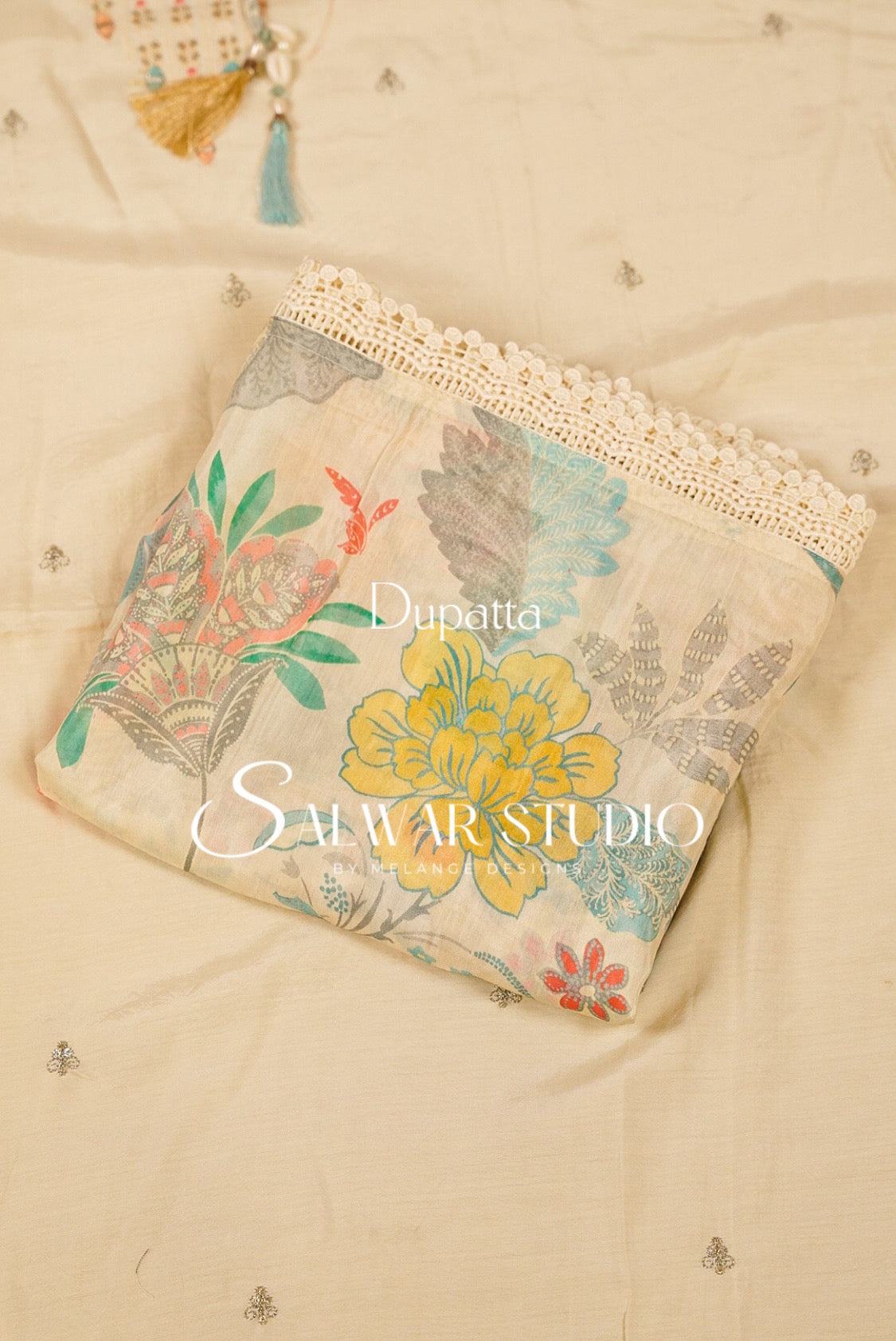 Muslin Embroidery Semi Stitched Salwar Suit Ivory Cream Material Dupatta.