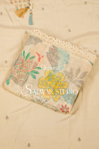 Muslin Embroidery Semi Stitched Salwar Suit Ivory Cream Material Dupatta.