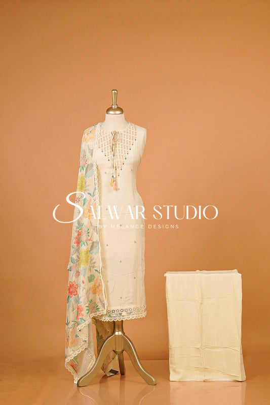 Muslin Embroidery Semi Stitched Salwar Suit Ivory Cream Material.